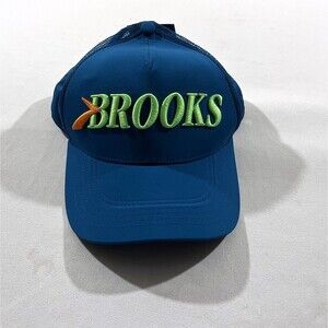 Brooks Run Happy Surge Embroidered Blue/Lime Poly Baseball Trucker Cap Hat NWT